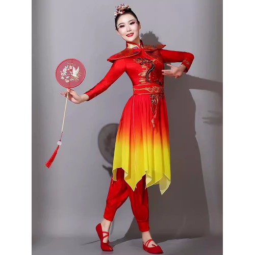 Women Chinese dragon folk dance costumes Festive Chinese style gong and waist drum team dance dressesModern dancing water inspires fan umbrella dance clothes for female